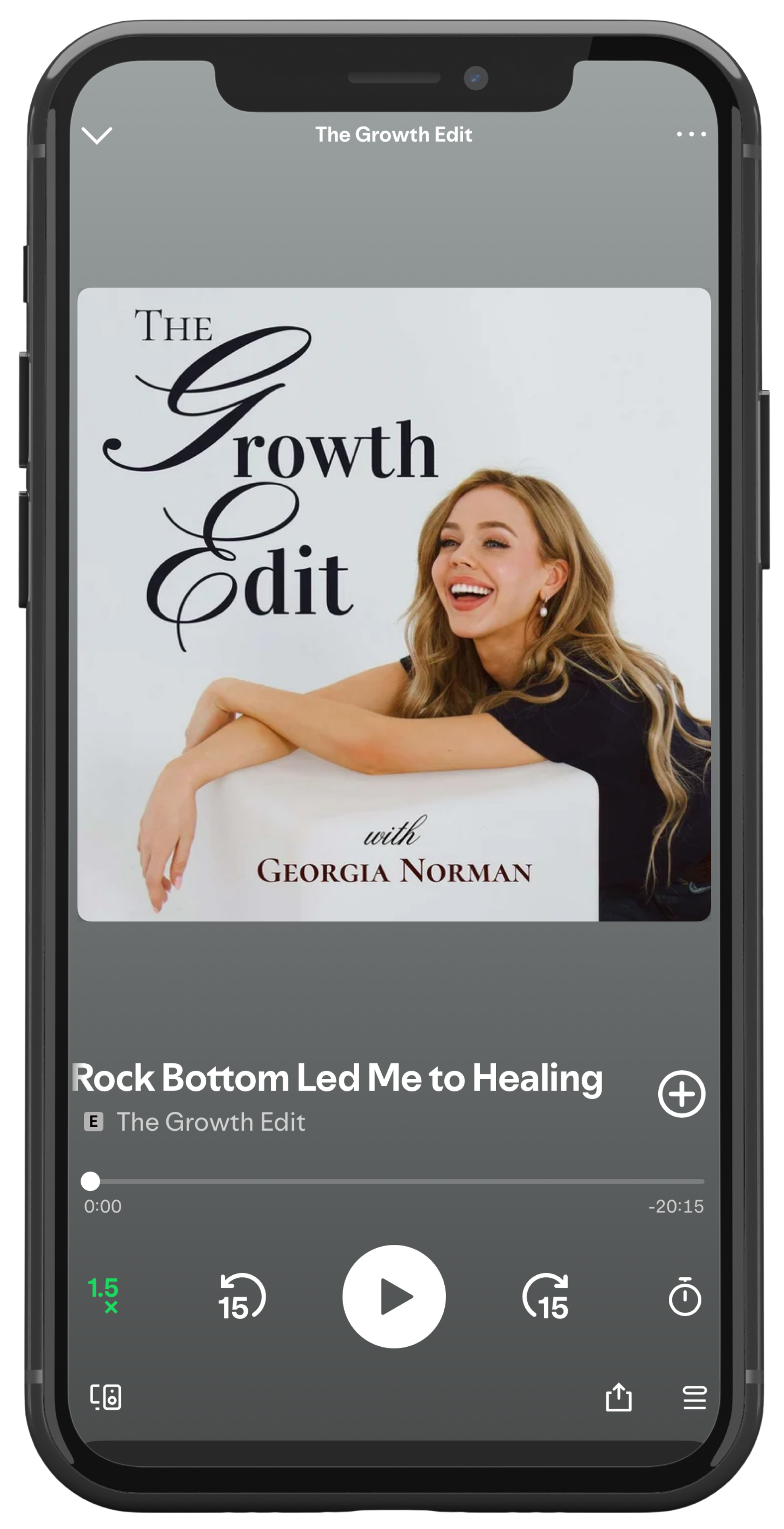 A phone playing The Growth Edit podcast